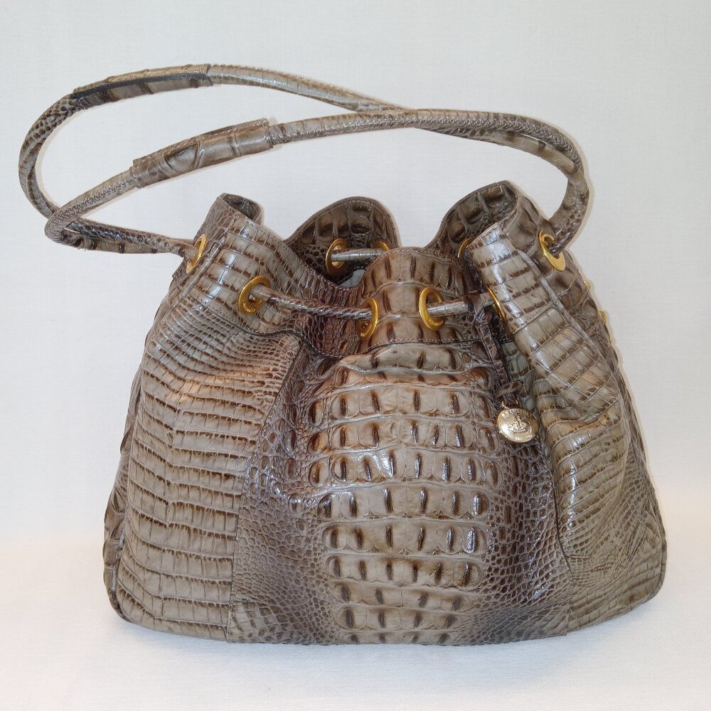 Brahmin Dana Drawstring Shoulder Bag Melbourne Croc Embossed Agate Leather NWOT
